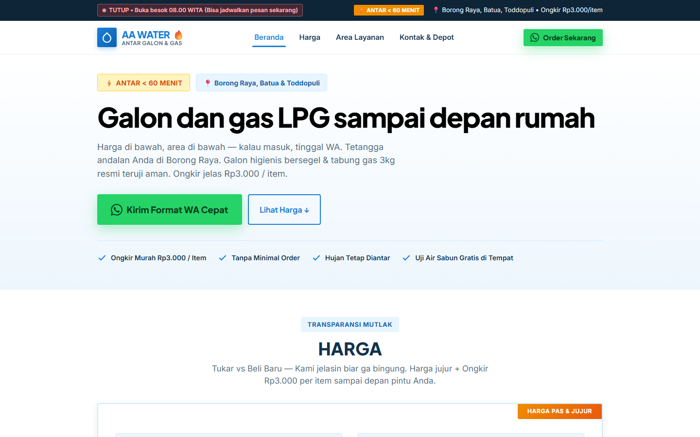 Screenshot halaman beranda website AA WATER